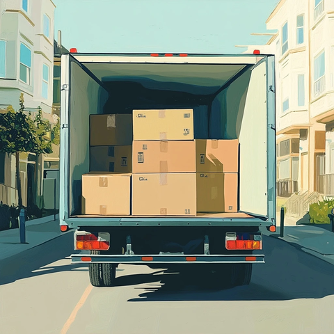 移动卡车内部装载纸箱