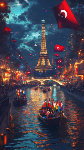 埃菲尔铁塔下河流上的游船夜景