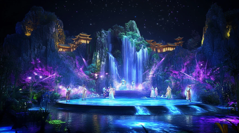山间舞台表演灯光秀瀑布景观为背景