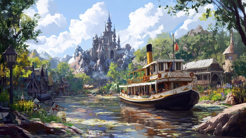 水上游船靠近城堡的梦幻场景