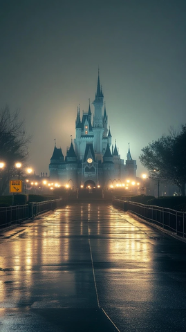 迪士尼城堡夜景灯光倒影湿滑路面
