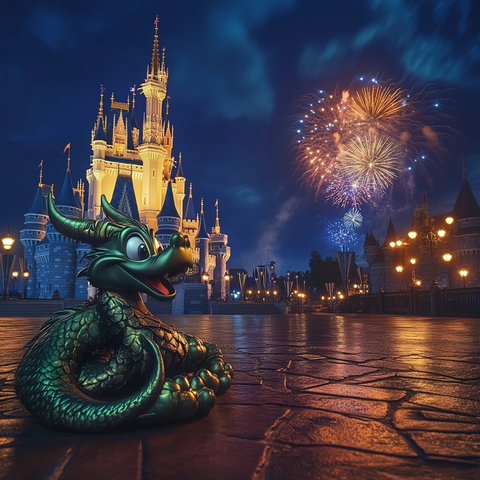 迪士尼城堡前的龙雕塑夜景烟花秀