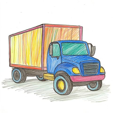 儿童蜡笔画货车运送