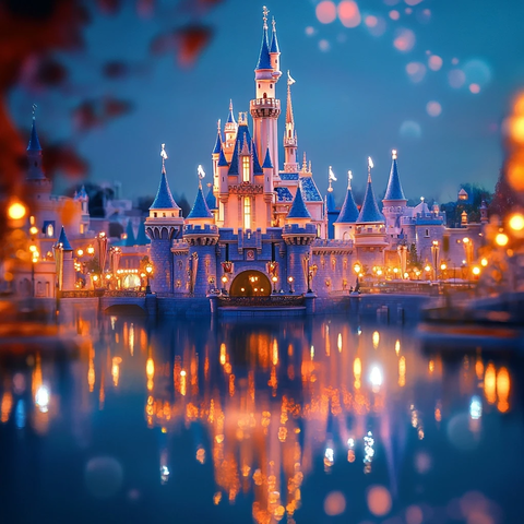 梦幻城堡夜景水面倒影美轮美奂