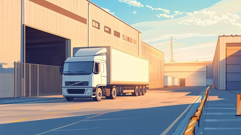 仓库卡车驶出大门道路延伸