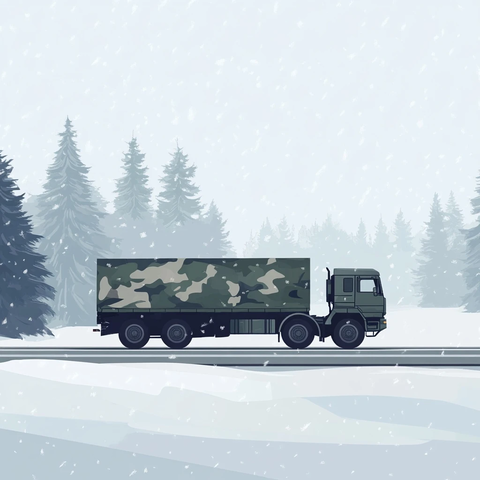 军用卡车雪地运输场景
