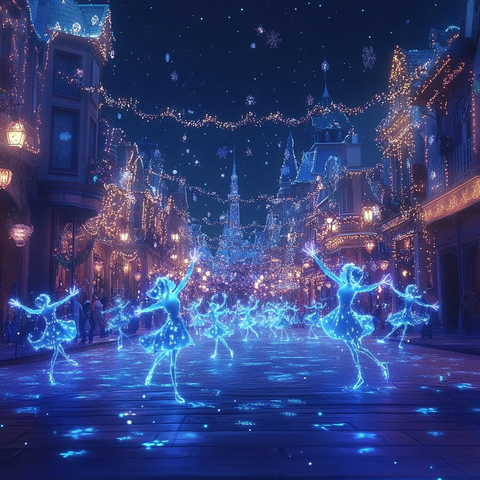 装饰华美的街道上有众多舞者的光影秀