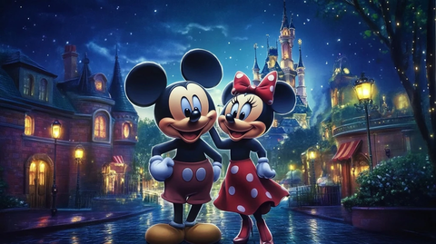 米奇米妮在城堡前街道夜景的可爱形象