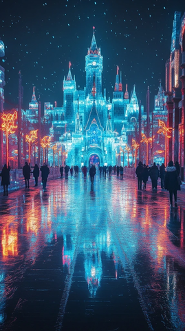 夜晚冰灯城堡下的人群