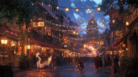 挂满彩灯的热闹街市夜景