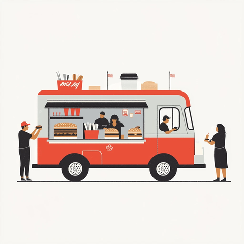 红色食物卡车前人们用餐