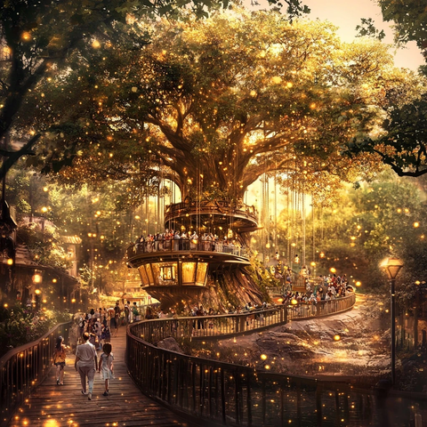 巨型大树下人群聚集的梦幻场景