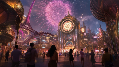 烟火下热闹非凡的大型游乐场所