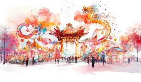 中国风建筑与龙元素的热闹街景