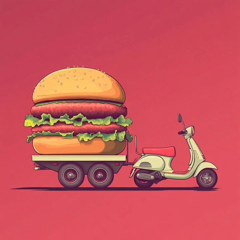 外卖车拖巨型汉堡插画