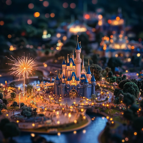 迪士尼城堡夜景与绚烂烟花的微缩景观