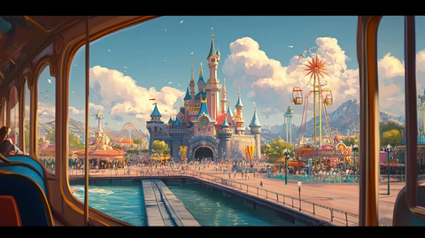 从列车视角看游乐园城堡全景