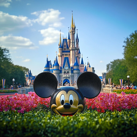 迪士尼城堡前的米老鼠雕塑近景