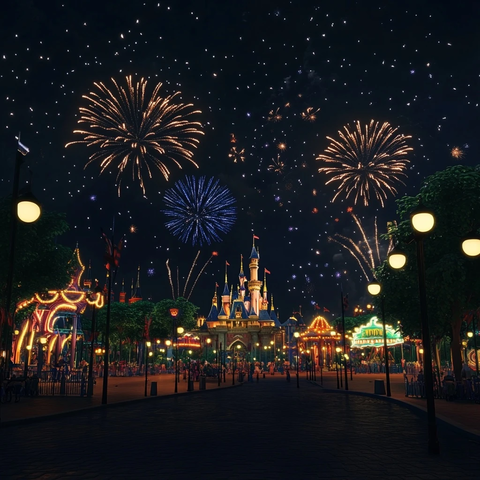 迪士尼城堡夜景烟花秀全景