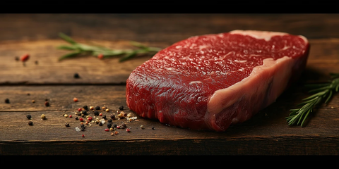 木板上的生皮坎哈牛排与调味料