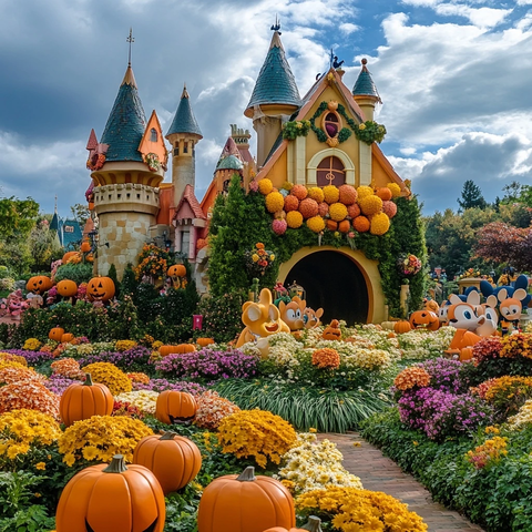 城堡周围布满鲜花南瓜的童话场景