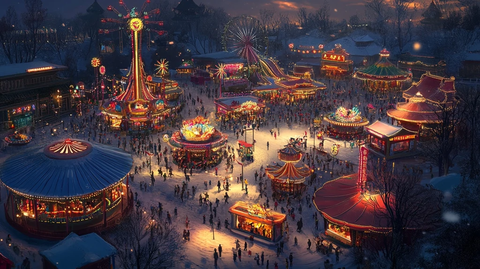 灯火辉煌的夜间游乐园热闹场景