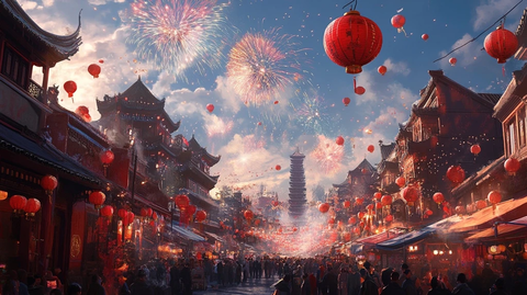 古街夜景灯笼高挂烟火璀璨人群熙攘