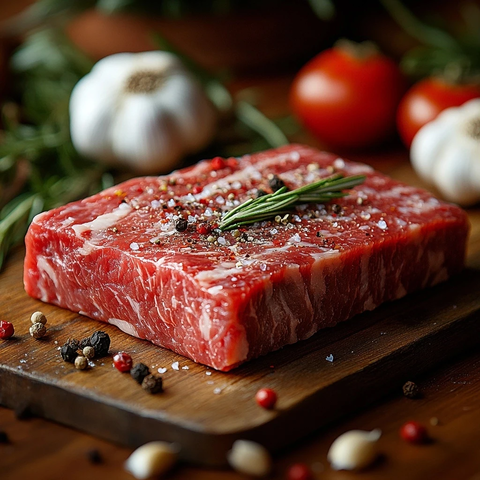 牛排配大蒜香料木桌