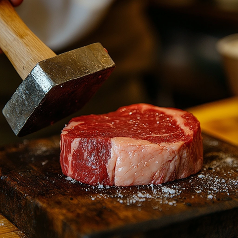 桌上生牛排与肉锤