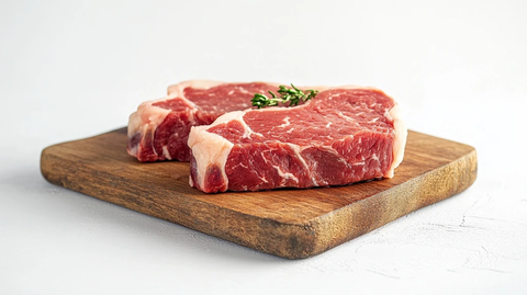 半块鲜肉置于木板与桌面