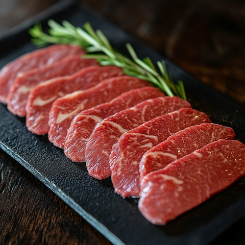 牛肉片黑盘木桌