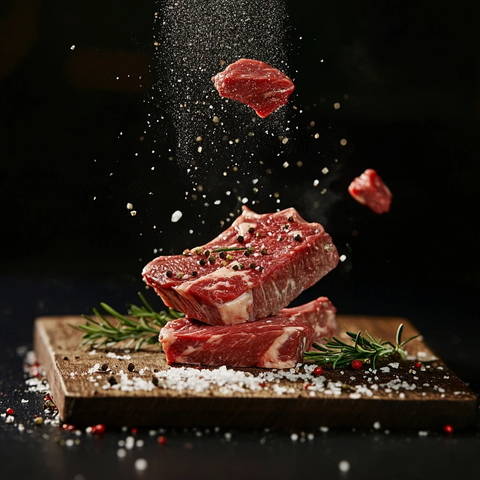 生牛肉片撒盐胡椒木板