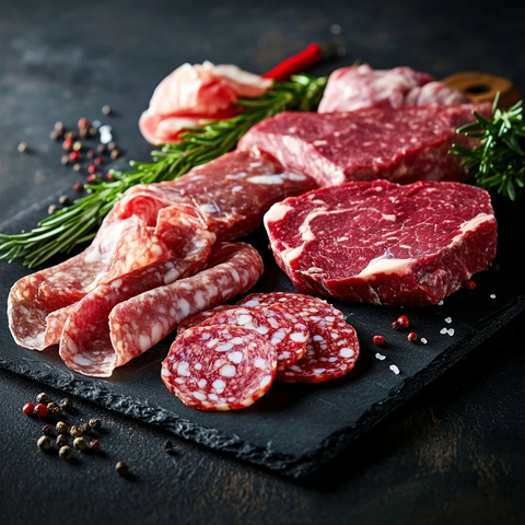 新鲜肉类拼盘与香料装饰