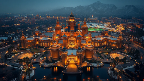 夜色中灯火辉煌的城堡建筑全景