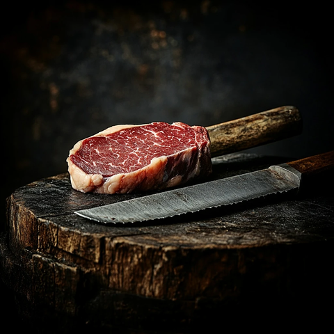 新鲜牛里脊与木桌刀具