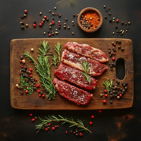 牛排配香料木盘摆盘