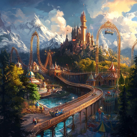 依山而建的城堡主题游乐园全景