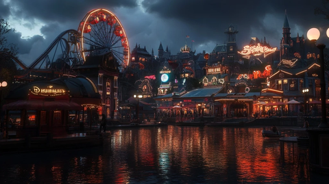 夜色中灯火辉煌的游乐园