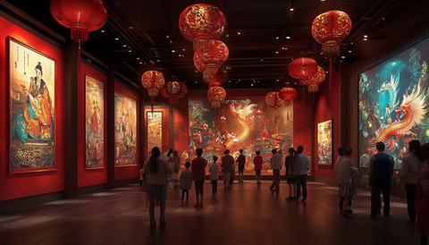 室内展览厅中展示传统画作的场景