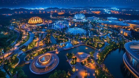 夜景中灯光璀璨的大型综合性建筑区域