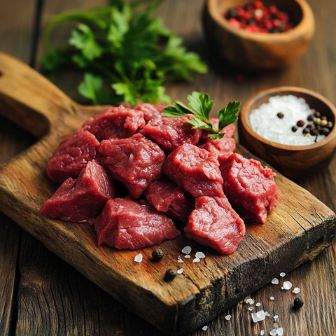 生牛肉炒片木板摆盘盐椒装饰