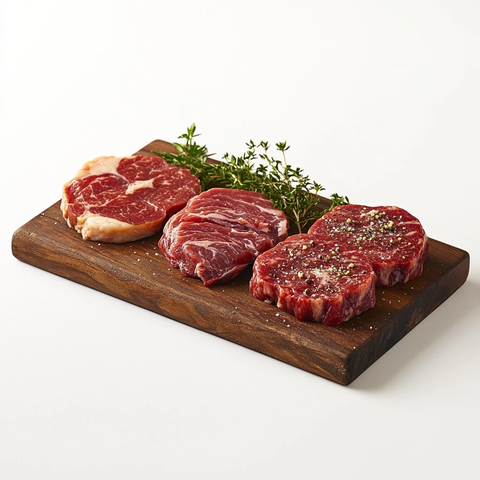 木板上的三种肉类静物摆放