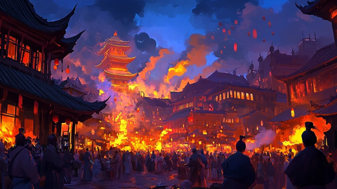 古城镇灯火通明人潮涌动的热闹夜景