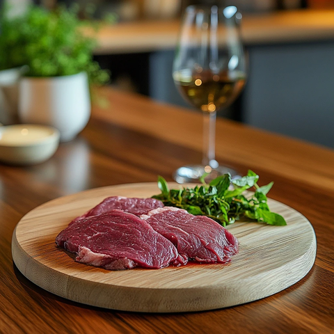 牛腿肉木盘置餐桌背景虚化