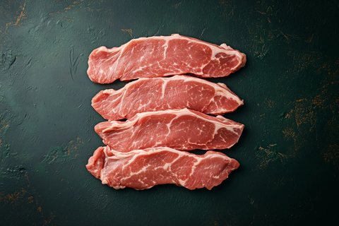 生猪肉块绿背景顶视图