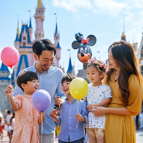 一家人手持气球在迪士尼欢乐合影