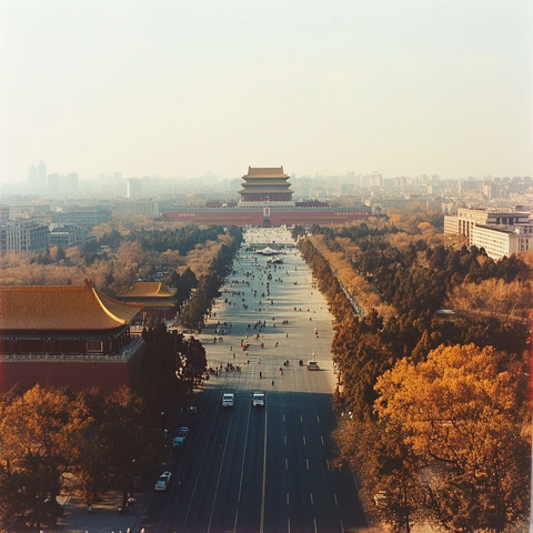 俯瞰天安门广场及远处宏伟的天安门