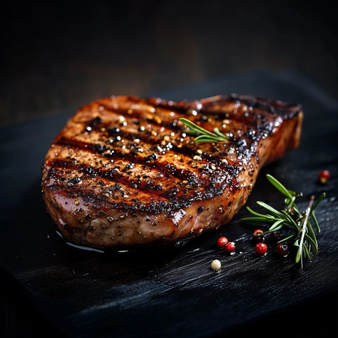 烤猪排放在深色木板