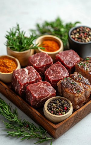 牛肉切片与新鲜香草排列