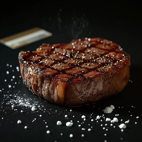 黑背景牛排配白粉和信用卡